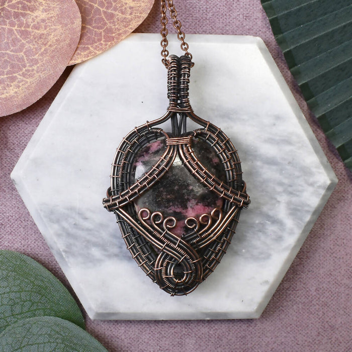 Wire Wrapped Copper Pendant with Rhodonite