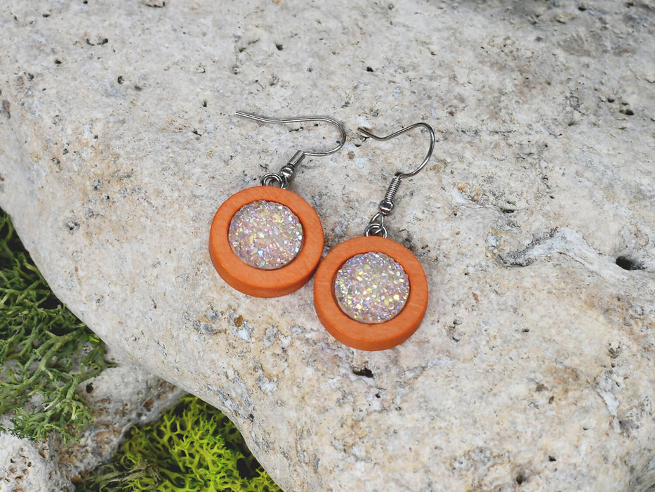 Wood Dangle Earrings With Resin Druzy #28