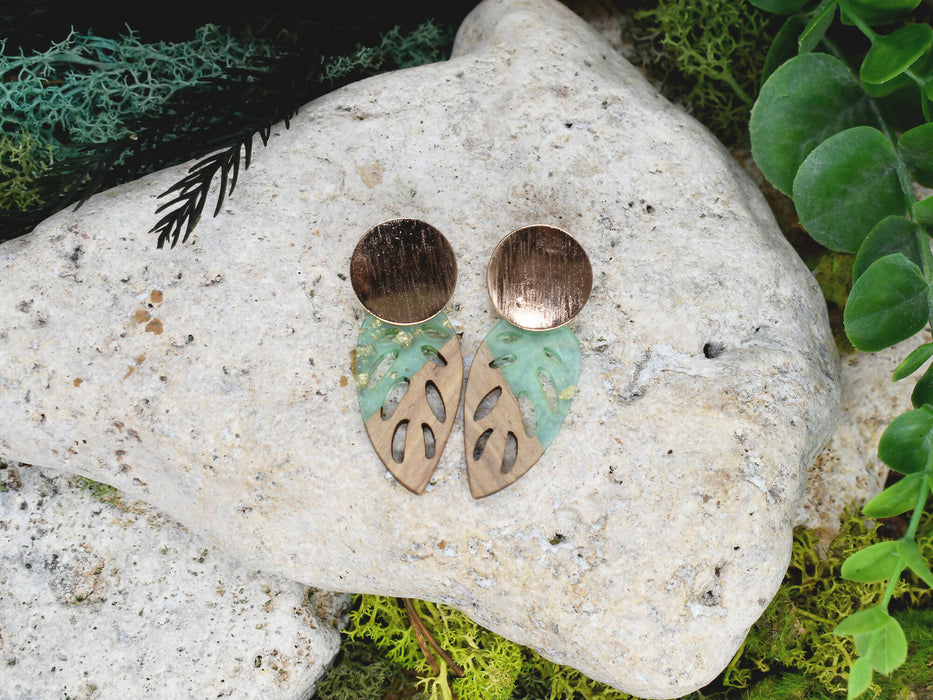 Wood Dangle Earrings with Green Resin #100