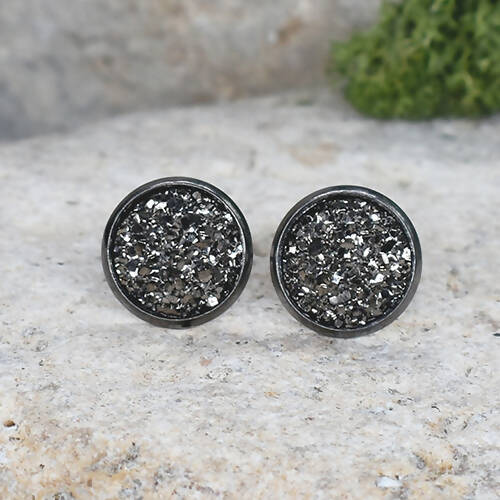 Black Stud Earrings With Resin Druzy #77