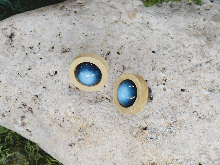 Wood Stud Earrings With Resin Cabochon #46