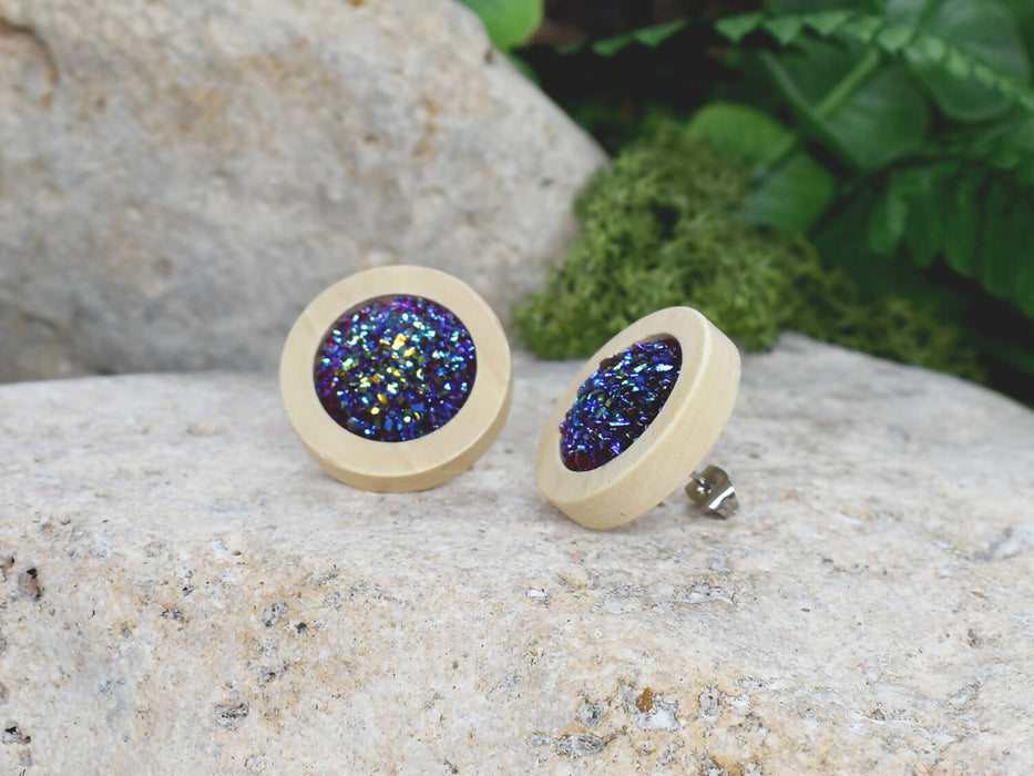 Wood Earrings With Resin Druzy #13