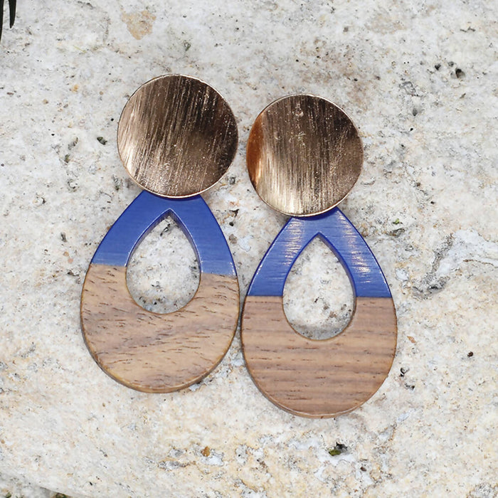 Wood Dangle Earrings with Blue Resin #95