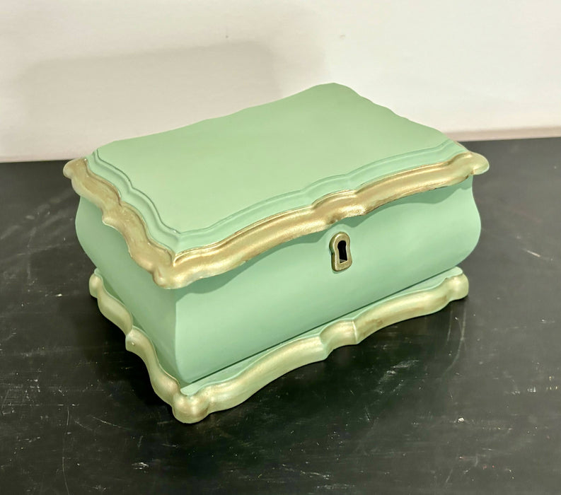 Light Green and Gold Painted Vintage Bombay Brand Jewelry Box