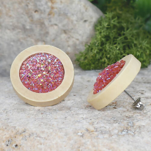 Wood Earrings With Resin Druzy #17