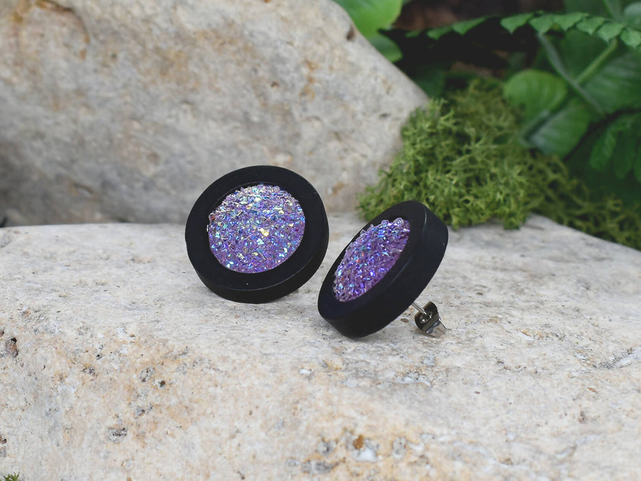 Wood Stud Earrings With Resin Druzy #23