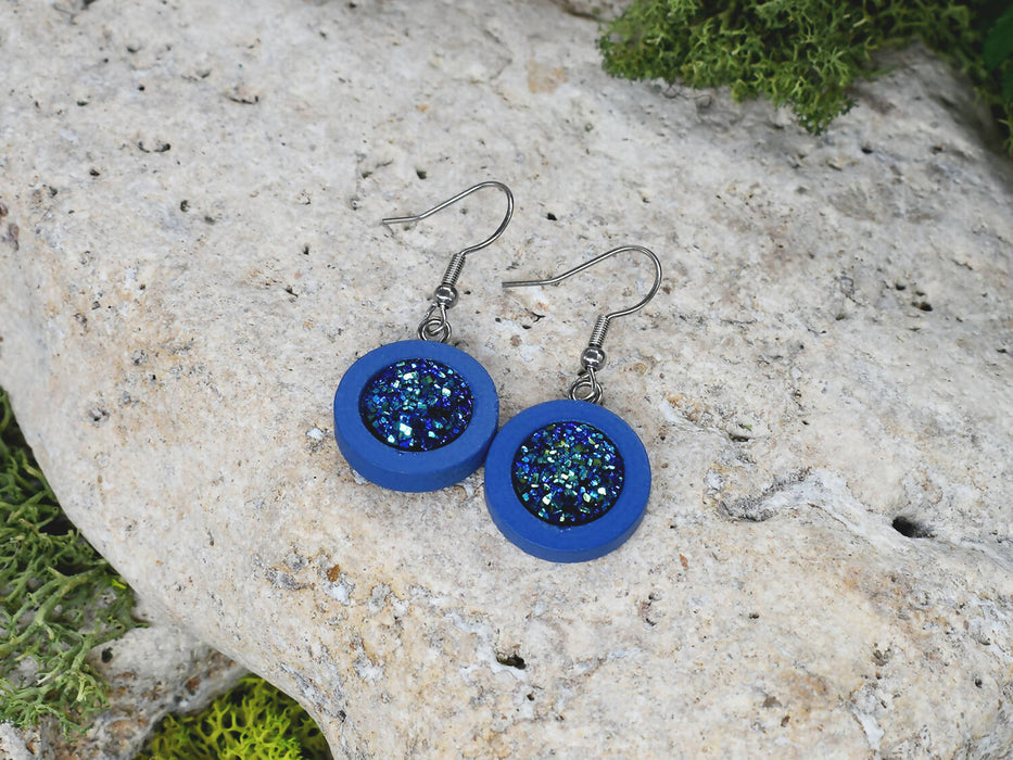 Wood Dangle Earrings With Resin Druzy #37