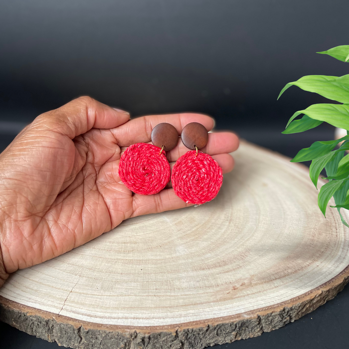 Handwoven Jute and Wood Drop Stud Earrings | Boho Statement Cord Earrings