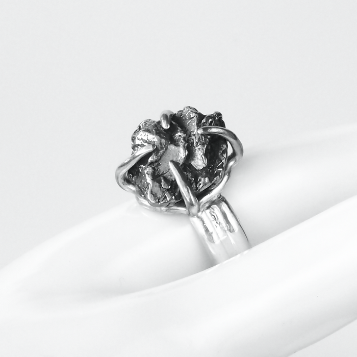 Size 7.75 Sterling Silver Ring with 16mm x 17mm Meteorite Fragment in Prong Setting