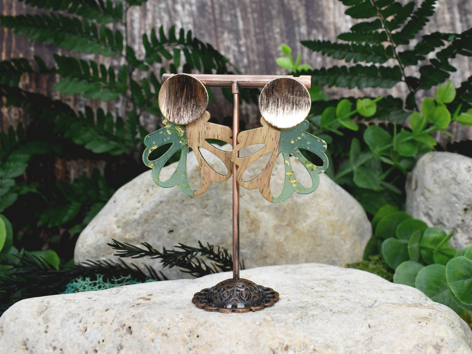 Wood Dangle Earrings with Green Resin #99