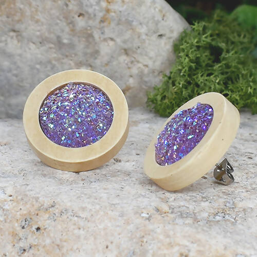 Wood Earrings With Resin Druzy #12