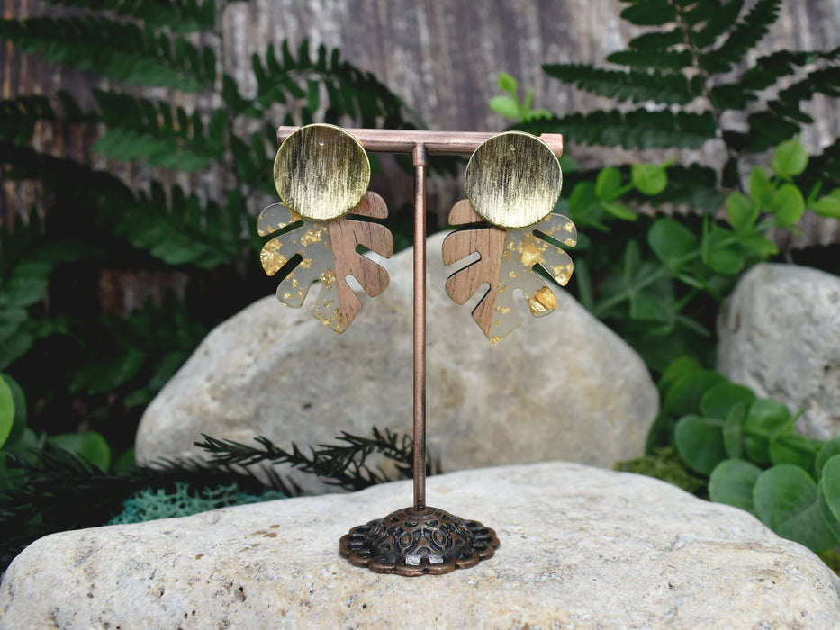 Wood Dangle Earrings with Transpareny-Gold Resin #113