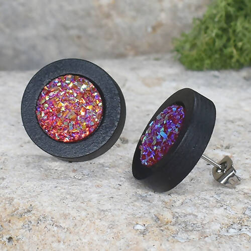 Wood Stud Earrings With Resin Cabochon #59