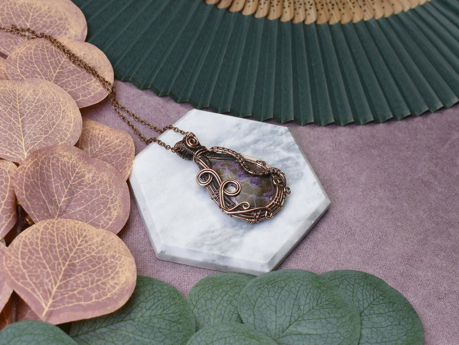 Wire Wrapped Copper Pendant with Purpurite