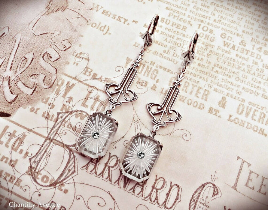 Clear Camphor Glass Art Deco Earrings