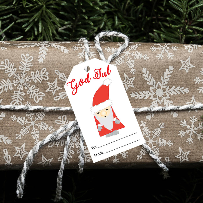 DIY Printable Swedish Christmas Gift Tags, TO FROM Present Labels Featuring a Swedish Gnome Style Santa (Jul Tomten) Instant Download