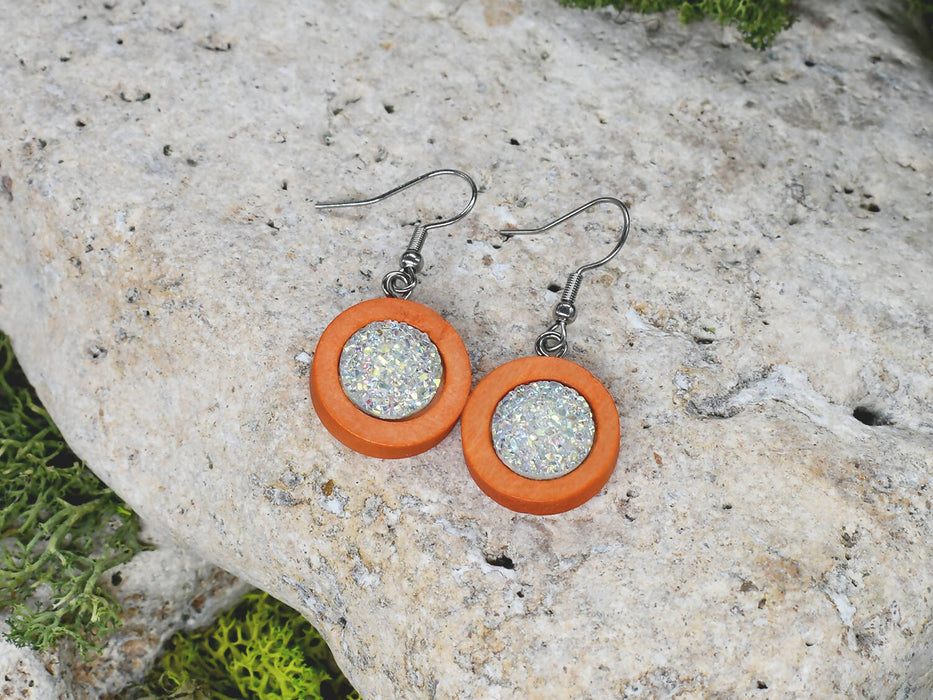 Wood Dangle Earrings With Resin Druzy #27
