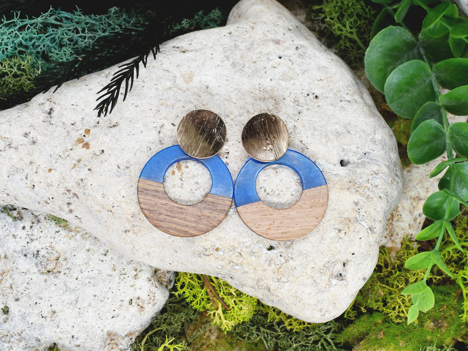 Wood Dangle Earrings with Blue Resin #93