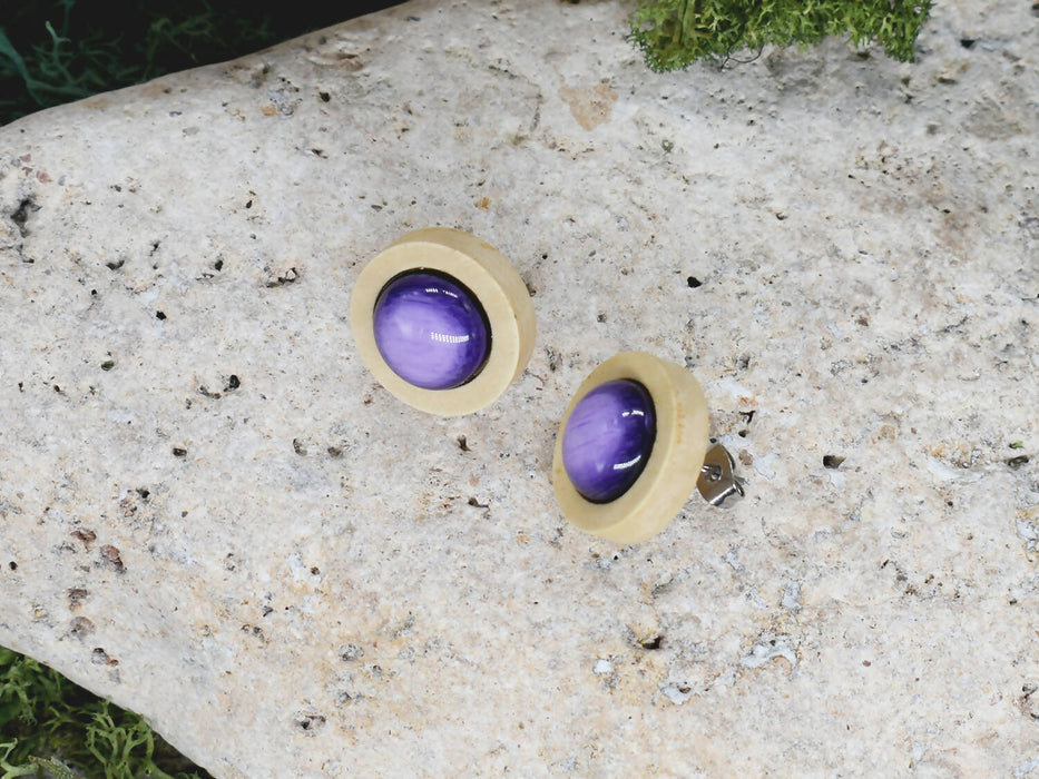 Wood Stud Earrings With Resin Cabochon #48