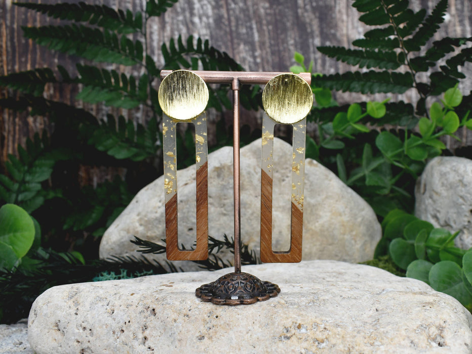 Wood Dangle Earrings with Transpareny-Gold Resin #110