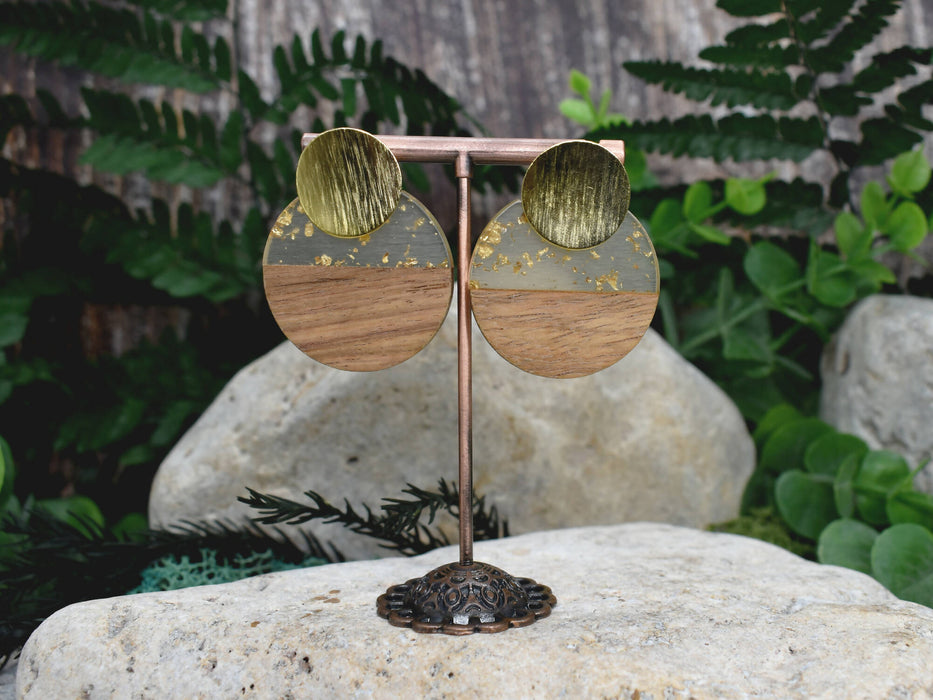Wood Dangle Earrings with Transpareny-Gold Resin #114