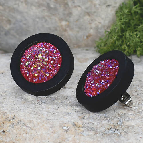 Wood Earrings With Resin Druzy #20