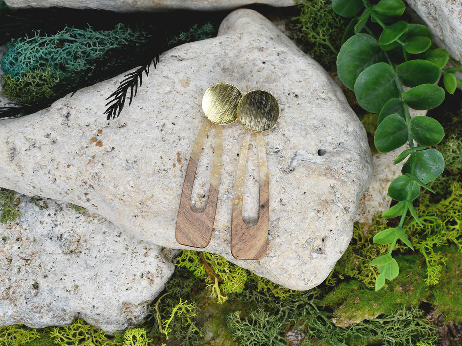 Wood Dangle Earrings with Transpareny-Gold Resin #111