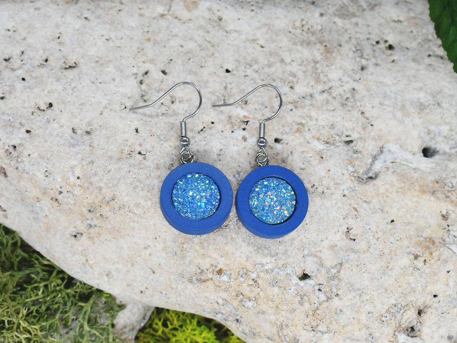 Wood Dangle Earrings With Resin Druzy #35