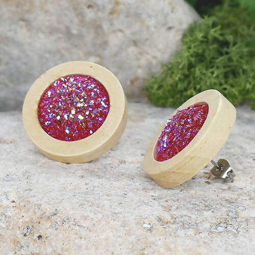 Wood Earrings With Resin Druzy #14