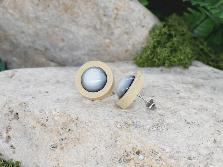 Wood Stud Earrings With Resin Cabochon #47