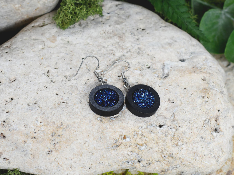 Wood Dangle Earrings With Resin Druzy #41