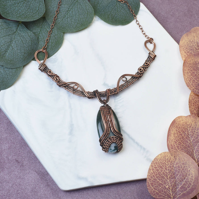 Wire Wrapped Copper Necklace with Moss Agate