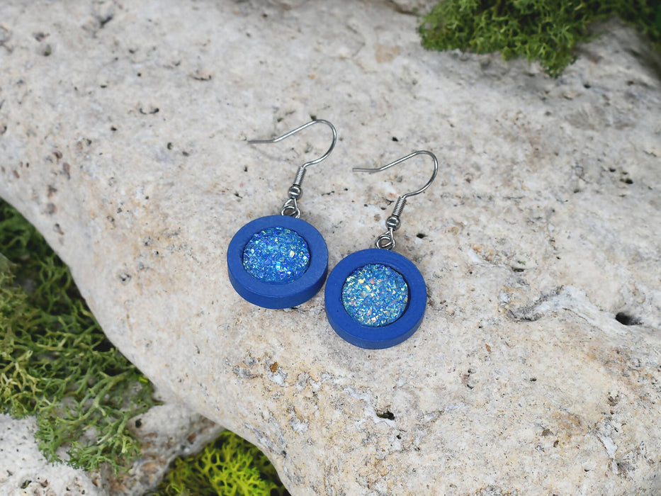 Wood Dangle Earrings With Resin Druzy #35
