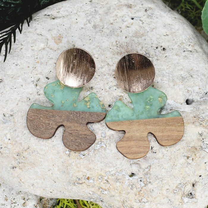 Wood Dangle Earrings with Green Resin #102