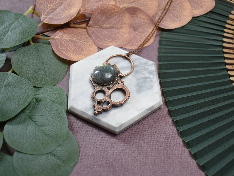 Copper Pendant with Shell & Labradorite | Center Cut Gold Mouth Turbo Shell
