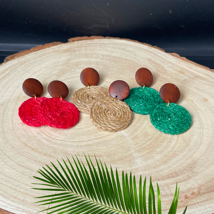 Handwoven Jute and Wood Drop Stud Earrings | Boho Statement Cord Earrings
