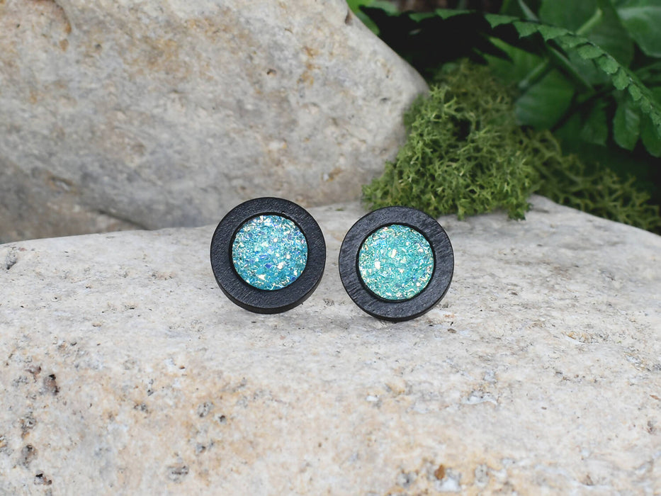 Wood Stud Earrings With Resin Cabochon #56