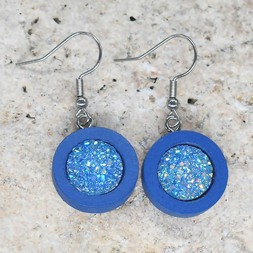 Wood Dangle Earrings With Resin Druzy #35