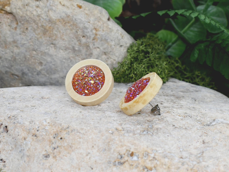 Wood Earrings With Resin Druzy #15