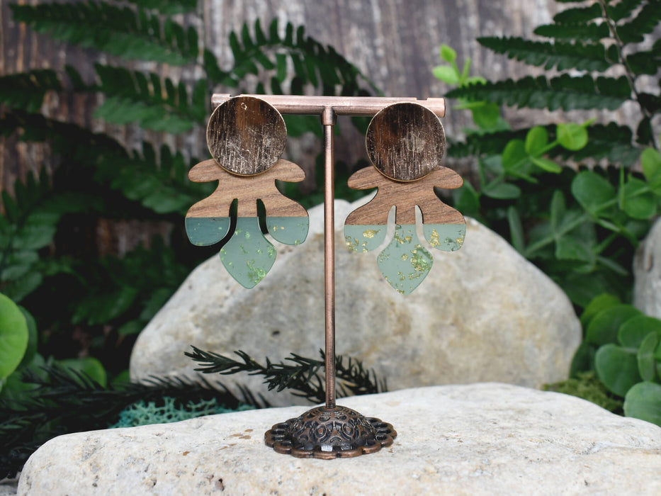 Wood Dangle Earrings with Green Resin #103