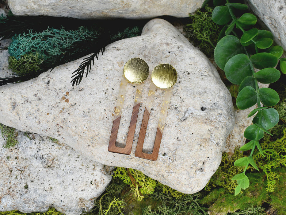 Wood Dangle Earrings with Transpareny-Gold Resin #110