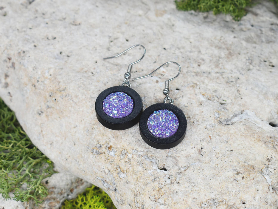 Wood Dangle Earrings With Resin Druzy #39