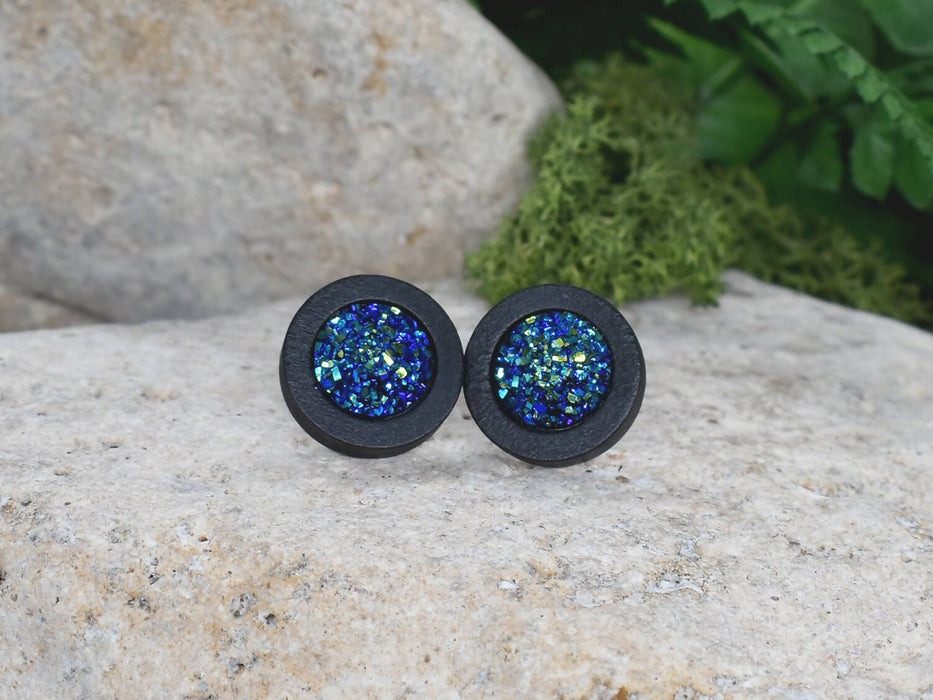 Wood Stud Earrings With Resin Cabochon #62