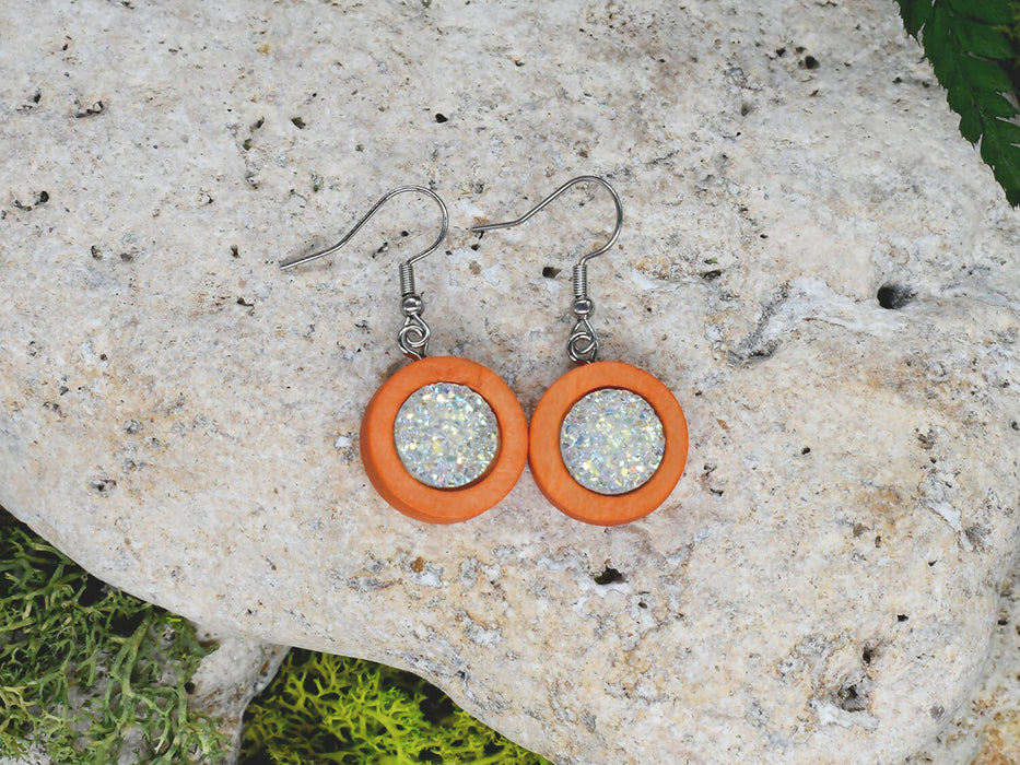 Wood Dangle Earrings With Resin Druzy #27