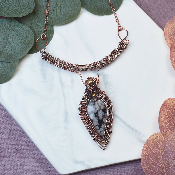 Wire Wrapped Copper Necklace with Snowflake Obsidian