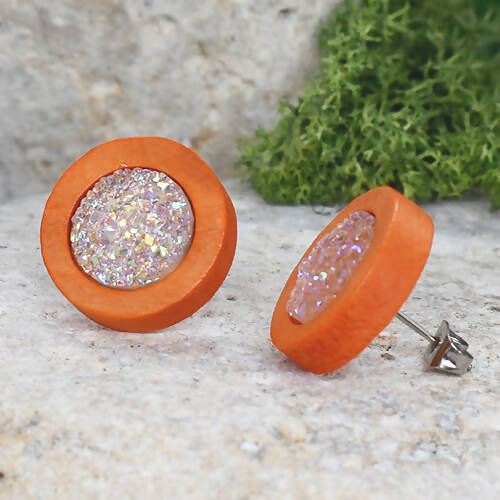 Wood Earrings With Resin Druzy #7