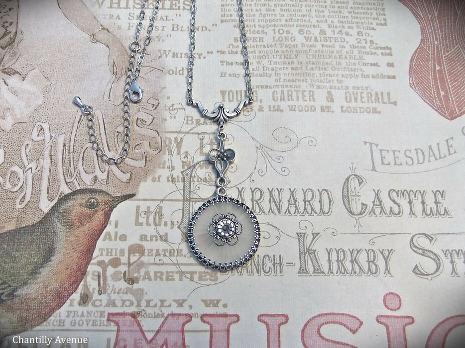Round Camphor Glass and Marcasite Art Deco Necklace