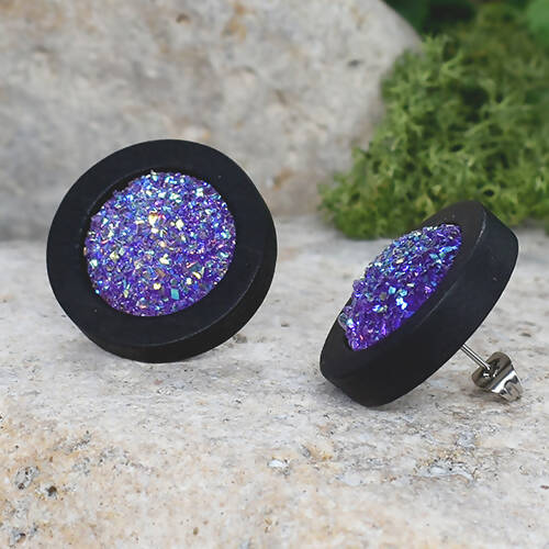 Wood Stud Earrings With Resin Druzy #22
