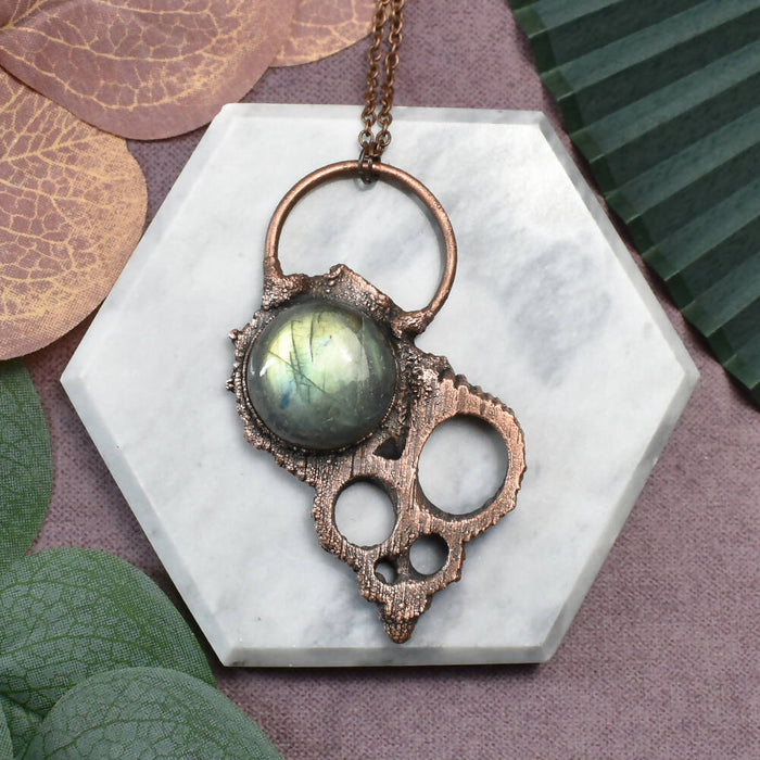 Copper Pendant with Shell & Labradorite | Center Cut Gold Mouth Turbo Shell