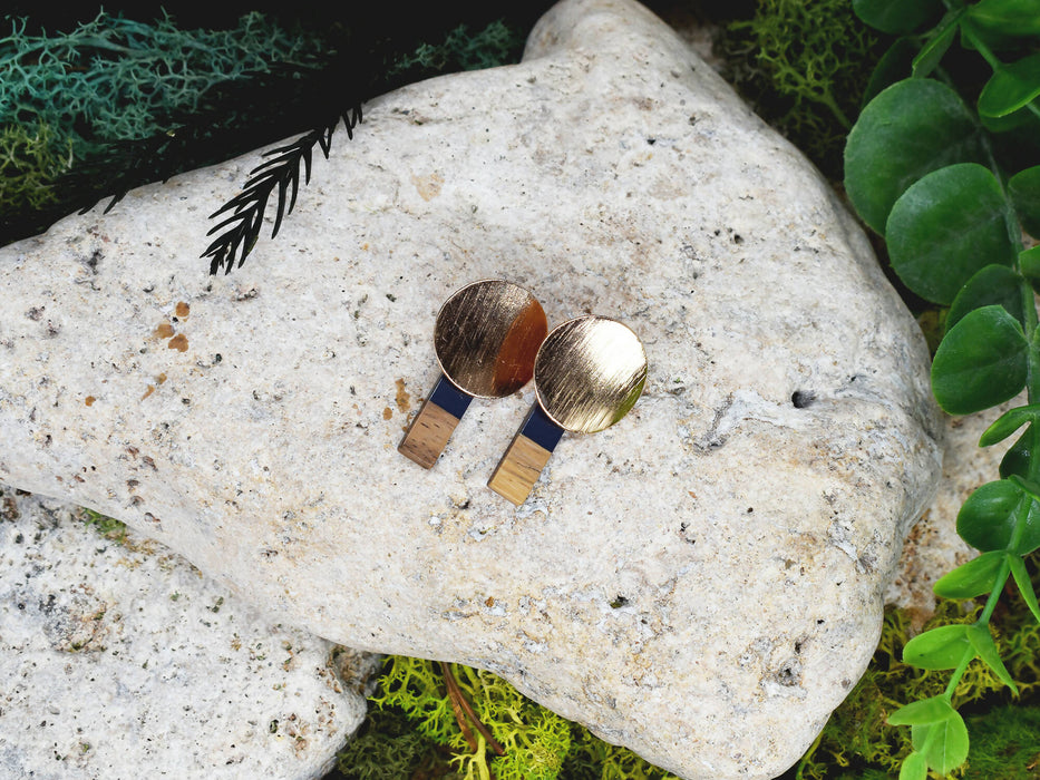 Wood Dangle Earrings with Blue Resin #97